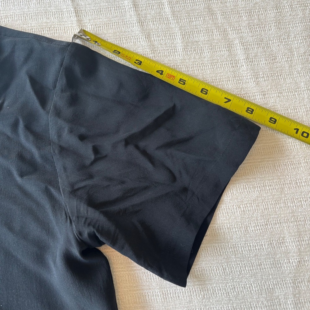 Vintage Silk Land Black 100% Pure Silk Short Sleeve Blouse Pleated Cutout Neck - Picture 6 of 9
